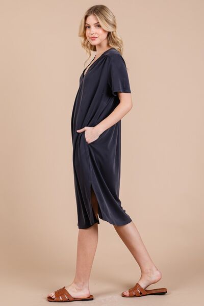 Ces Femme Side Slit Short Sleeve Midi Dress with Pockets