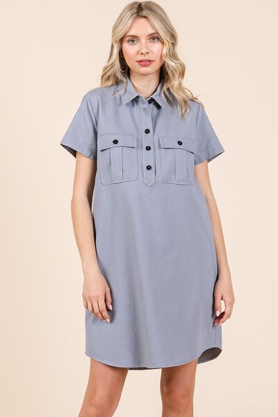 Mittoshop Button Detail Collared Neck Short Sleeve Shirt Dress