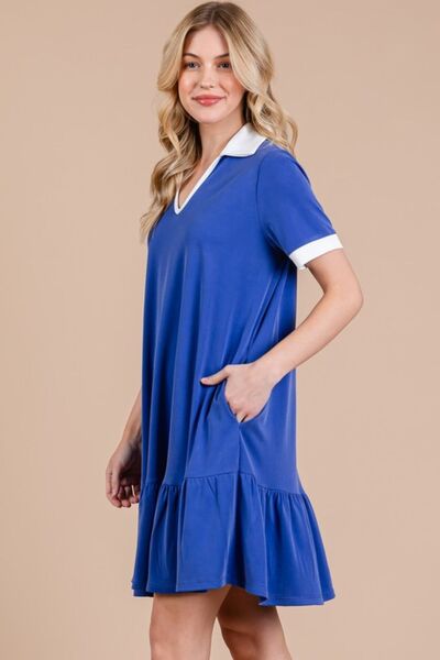 Ces Femme Ruffled Hem Johnny Collar Short Sleeve Dress