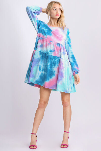 Umgee Full Size Tie Dye Round Neck Long Sleeve Babydoll Tiered Dress Plus Size