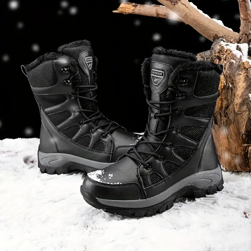 Men's Mid Calf Snow Boots, Winter Thermal Shoes, Windproof Hiking Boots With Fuzzy Lining